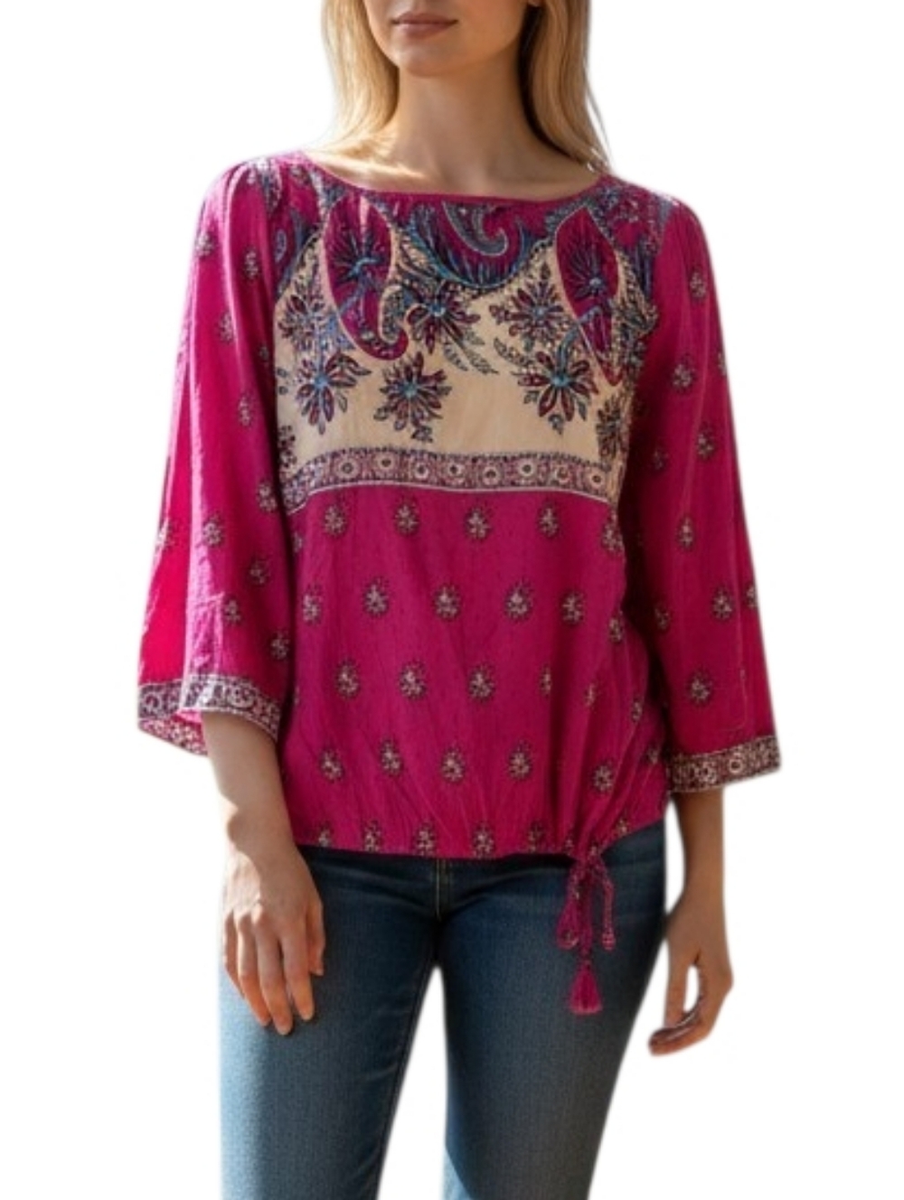 Lucky Brand Pink Paisley Boho Peasant Blouse Tassel Tie Top Relaxed Bohemian M